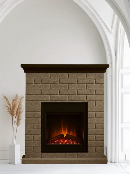 Fireplace. Gray Brick. Handmade Base. Wood Top. 3D Electric Insert.